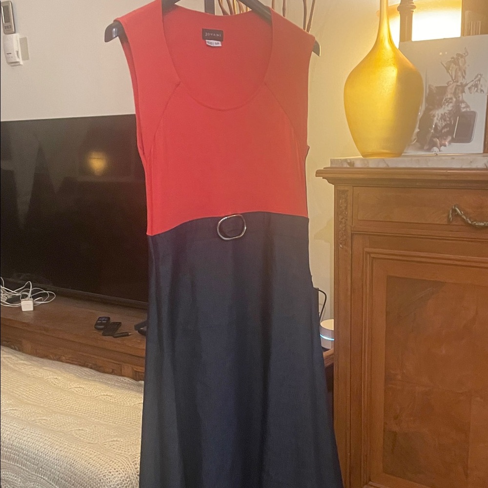 Jovani Brick Orange and Dark Navy Denim Midi Dress